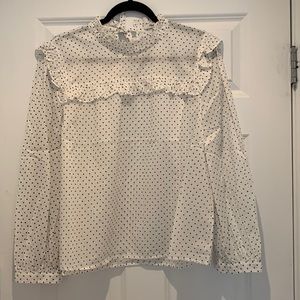 Madewell white black polkadot ruffle bib top